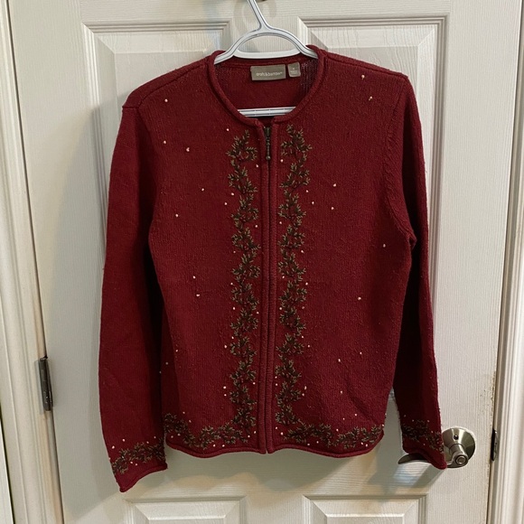 Croft & Barrow Christmas Holly Berry Embroidered Zip Up Cardigan Silk Small - Picture 2 of 8